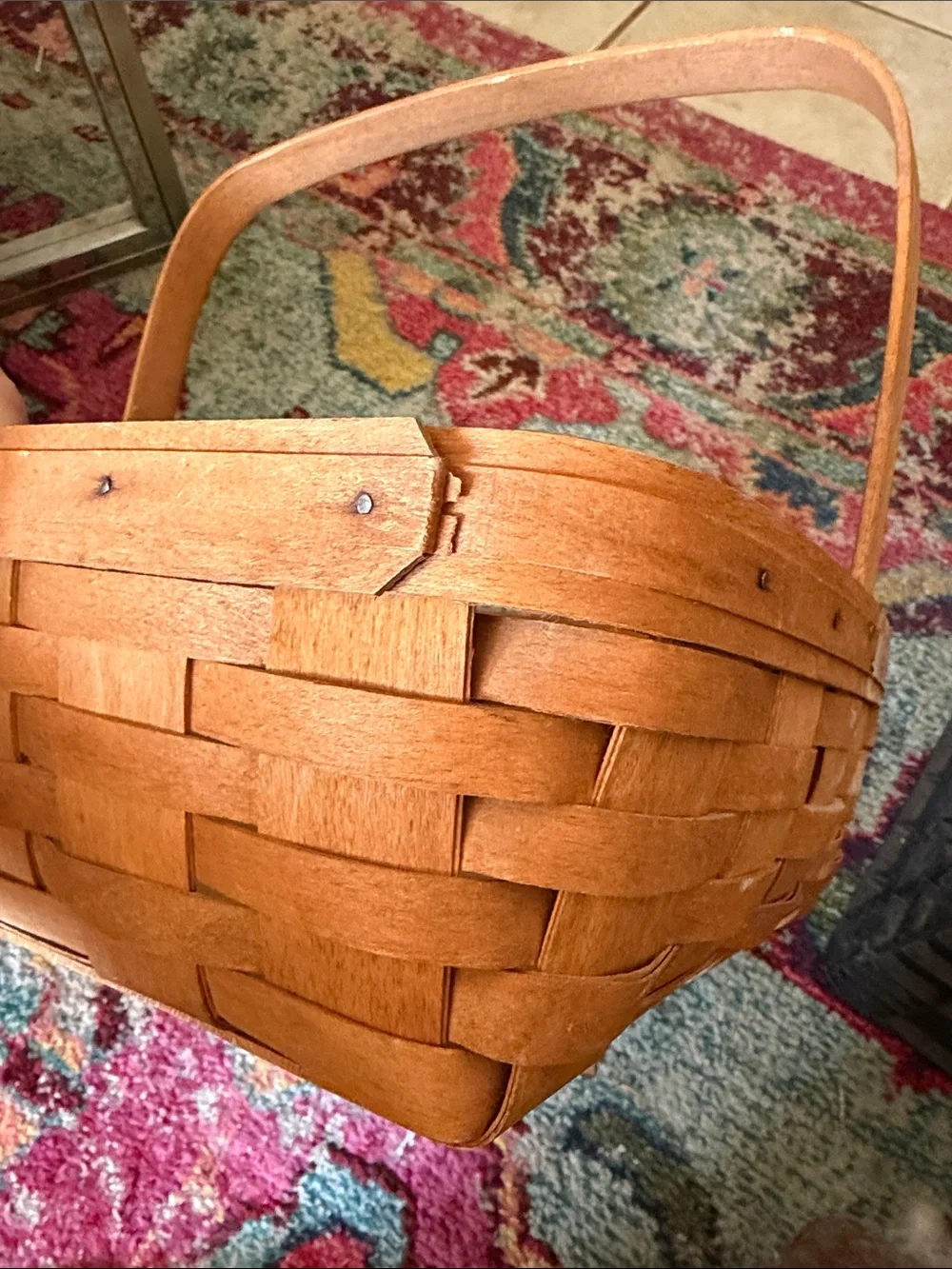 Large Longaberger Natural Brown Woven Basket with Handle and Riser